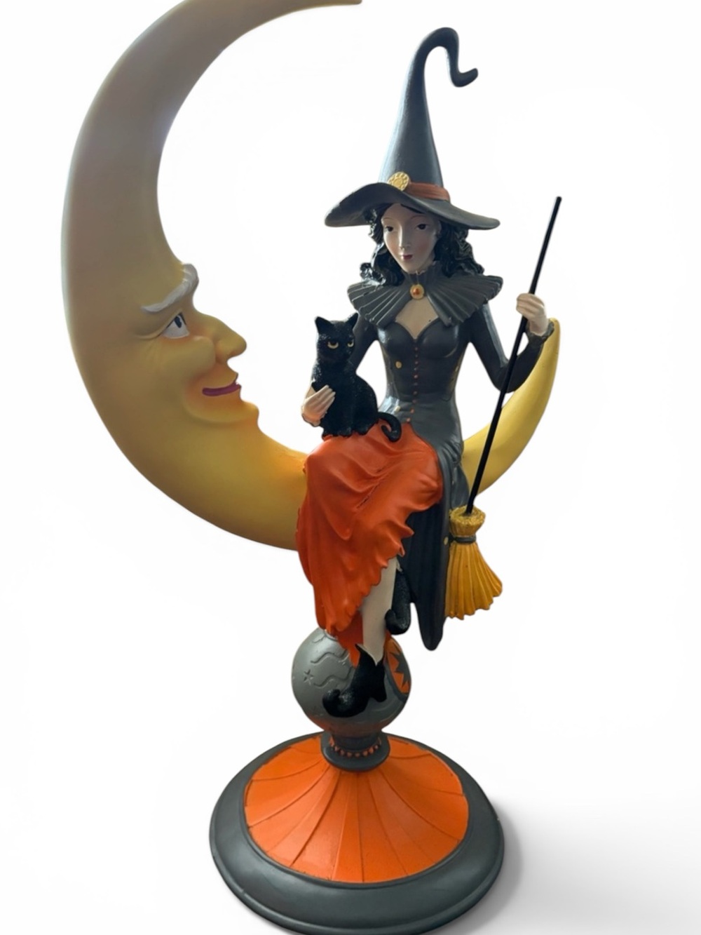 Witch with cat on Crescent Moon Statue Halloween decor XL